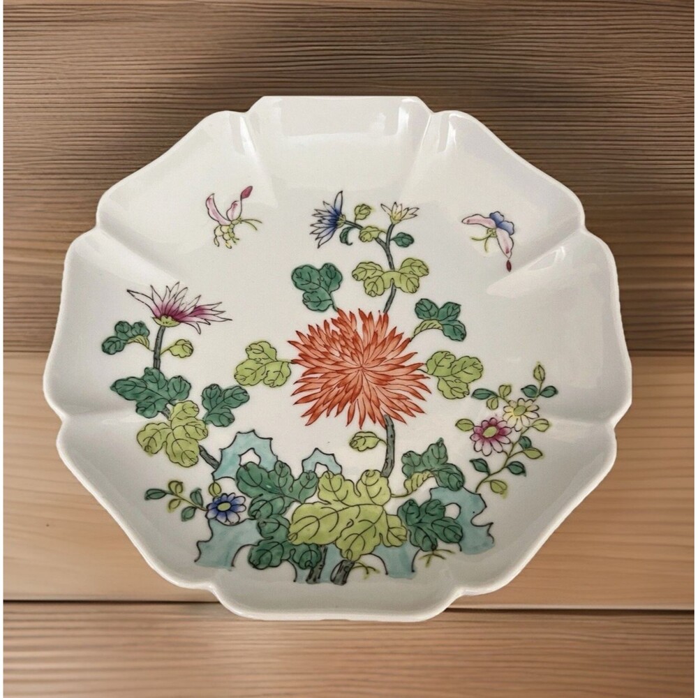 Japanese Porcelain Ware Floral Butterfly Scalloped Plate Decorated in Hong Kong